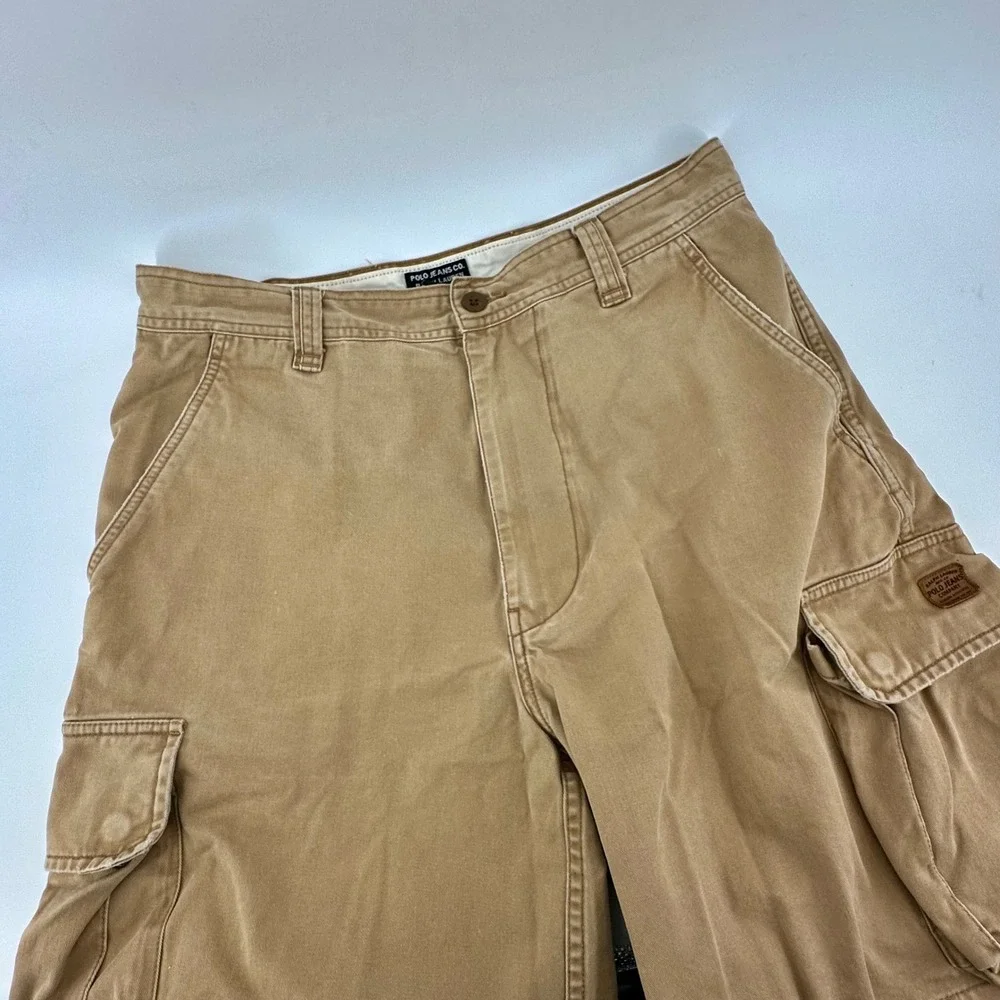 VTG Polo Jeans Co Ralph Lauren Mens 33‎ Tan Military Cargo Shorts 67th Reg RL Co